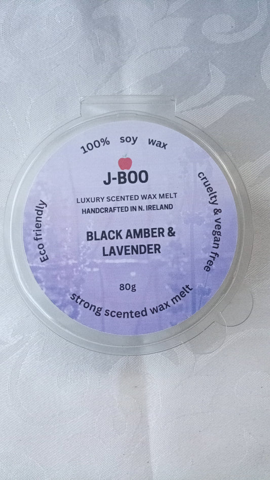 Black Amber & Lavender scented soy wax melt clam-shell 80g